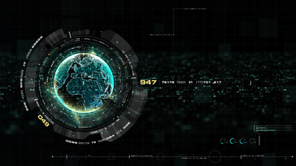 Aufkleber - Futuristic motion graphic user interface head up display screen with Holographic Earth and digital data telemetry information display for digital background computer desktop display screen