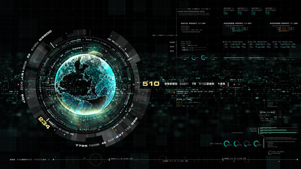 Aufkleber - Futuristic motion graphic user interface head up display screen with Holographic Earth and digital data telemetry information display for digital background computer desktop display screen