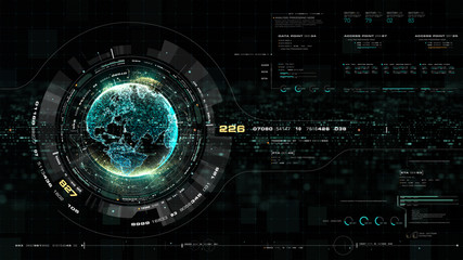 Fototapete - Futuristic motion graphic user interface head up display screen with Holographic Earth and digital data telemetry information display for digital background computer desktop display screen