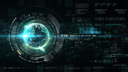 Poster - Futuristic motion graphic user interface head up display screen with Holographic Earth and digital data telemetry information display for digital background computer desktop display screen