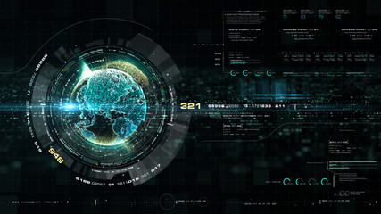 Leinwandbilder - Futuristic motion graphic user interface head up display screen with Holographic Earth and digital data telemetry information display for digital background computer desktop display screen
