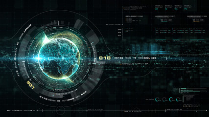 Fototapete - Futuristic motion graphic user interface head up display screen with Holographic Earth and digital data telemetry information display for digital background computer desktop display screen