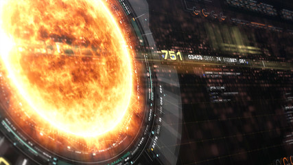 Leinwandbilder - Futuristic motion graphic user interface head up display screen with Holographic Sun Corona Particles and digital data telemetry information display for digital background