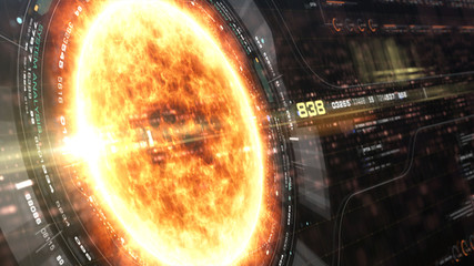 Fototapete - Futuristic motion graphic user interface head up display screen with Holographic Sun Corona Particles and digital data telemetry information display for digital background