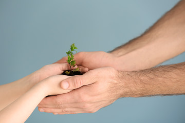 Man and child with young plant on color background