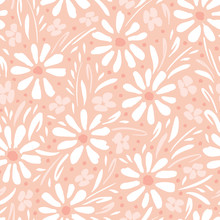 Monochrome Hand-painted Daisies And Foliage On Peach Pink Background Vector Seamless Patters. Spring Summer Floral Print