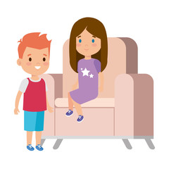 Canvas Print - little kids couple sitting in sofa