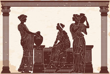 Three Ancient Greek Women Are Talking Near The Parapet With Jugs. Antique Fresco On A Beige Background With An Aging Effect.