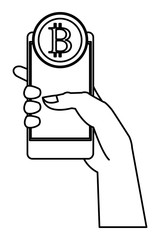 Poster - hand holding cellphone with cryptocurrency black and white