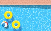 Two Yellow Pool Rings And Ball Floating In A Swimming Pool. Poster Template For Summer Holiday. Summer Pool Party Banner With Space For Text. Vector Illustration In Flat Style