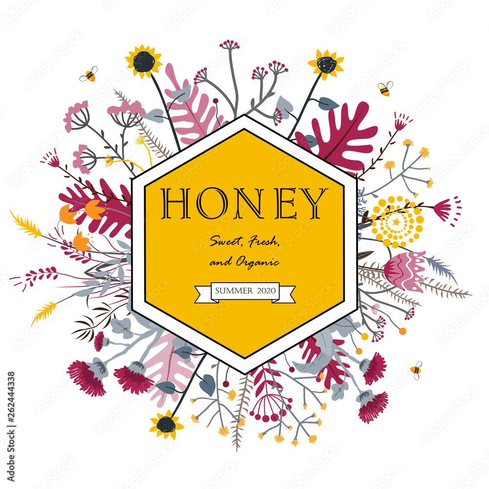 Hexagon Frame with cute honey flowers and bees. Cartoon vector ...