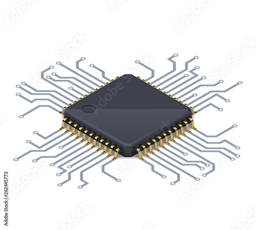 Cuadros en Lienzo Processor or electronic chip on circuit board with conductive tracks and soft realistic shadow