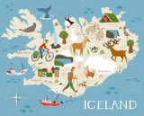 Fototapeta Dinusie - Vector high detailed vector map of Iceland with animals and landscapes. Animals of north. 