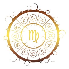 Wall Mural - Astrological symbols in the circle. Golden metallic gradient. Maiden sign