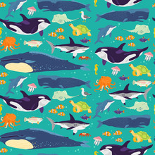 Vector Flat Seamless Pattern With Hand Drawn Marine Animals, Fish,amphibia Isolated On Blue Background. Good For Packaging Paper, Cards, Wallpapers, Gift Tags, Nursery Decor Etc.