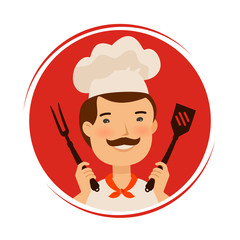 Sticker - Restaurant logo or label. Happy chef holding barbecue tools. Cartoon vector illustration