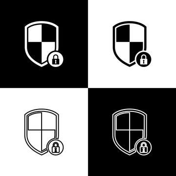 Set Shield security with lock icons isolated on black and white background. Protection, safety, password security. Firewall access privacy sign. Vector Illustration