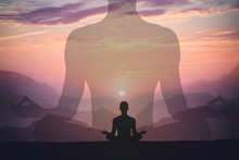 Man Meditating Yoga At Sunset Mountains. Travel Lifestyle Relaxation Concept. Double Exposure Shot