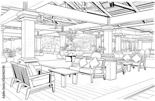 漫画風ペン画イラスト リゾートホテル Stock Illustration Adobe Stock