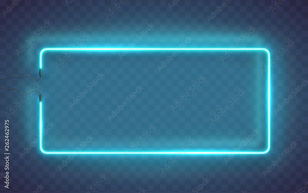 Neon rectangle lamp wall sign isolated on transparent background. Vector blue power glowing bulb banner, light frame for your design. - obrazy, fototapety, plakaty 