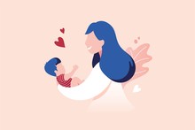Vector Illustration Of Mother Holding Baby Son In Arms. Floral Background.