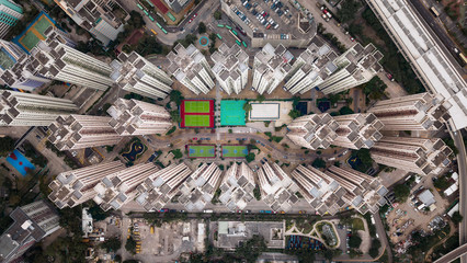 Aerial view of intersections or junctions in Sham Shui Po, Shek Kip Mei, Hong Kong Downtown. Financial district and business centers in smart city, technology concept. Top view of buildings.