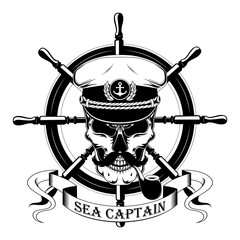 Sticker - Vector image of the captain's skull in a captain's cap with a mustache, a smoking pipe, the ship's steering wheel. Black and white image on a white background.