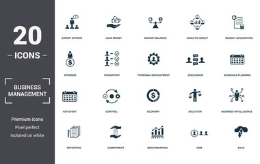 Business Management set icons collection. Includes simple elements such as Expert Opinion, Loan Money, Budget Balance, Analytic Group, Budget Accounting, Control and Economy premium icons