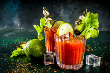 Spicy bloody mary cocktail with garnish . Homemade texmex styled alcohol drink,