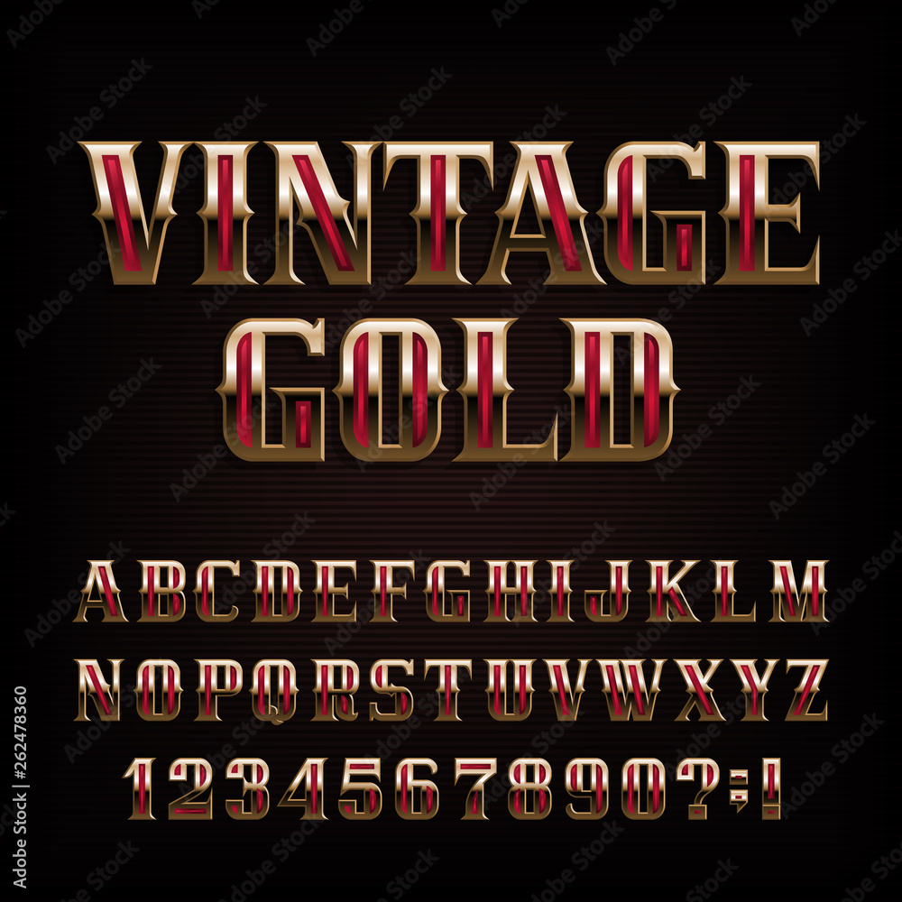 Vintage gold alphabet font. Ornate golden metal letters and number ...