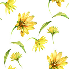 Seamless pattern with yellow flowers. Watercolor hand drawn illustration isolated on white background.