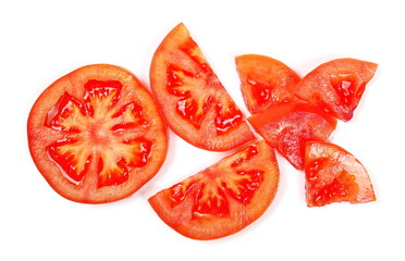  Fresh ripe, red tomato slices isolated on white background, top view