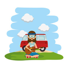 Poster - hippy man playing guitar with van in the landscape