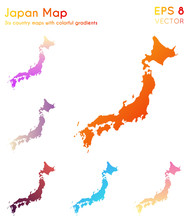 Map Of Japan With Beautiful Gradients. Alive Set Of Japan Maps. Classic Vector Illustration.