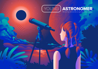 Poster - An conceptual illustration of a girl using telescope to look at the black hole in the sky.  