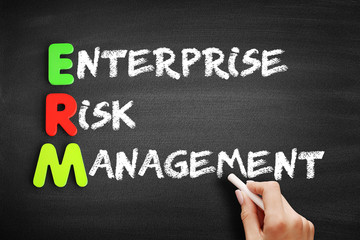 Poster - Color Wooden alphabets building the word ERM - Enterprise Risk Management acronym on blackboard