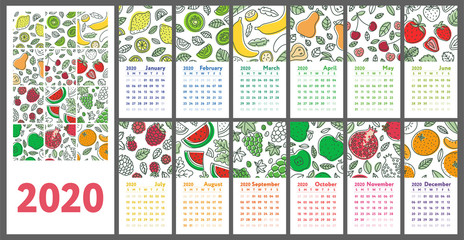 Wall Mural - Calendar 2020. Vector English flip wall calender. Fruits, berries. Lemon, kiwi, banana, pear, cherry, strawberry, raspberry, watermelon, grapes, apple, pomegranate and mandarin. Doodle sketch