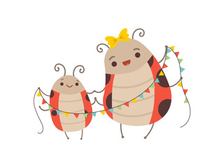 Sticker - Happy Ladybug Family, Mother Ladybug and Her Child with Party Flags, Adorable Cartoon Flying Insects Characters Vector Illustration