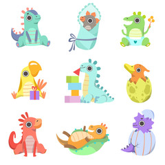 Wall Mural - Cute Colorful Little Dinos Set, Adorable Baby Dinosaurs Characters Vector Illustration