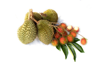 Rambutan with leaf and durian isolated on white background