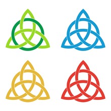 Set Of Celtic Triquetra Knots. Green, Blue, Golden, Red Celtic Trinity Knot. Logo Template Design Element.
