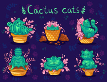 Hand Drawn Cute Cats Cactus In A Flowerpot With Flower In Cartoon Style On Dark Background. Vector Illustration. It Can Be Used For Sticker, Patch, Phone Case, Poster, T-shirt, Mug And Other Design