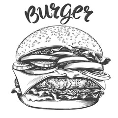 big burger, hamburger hand drawn vector illustration realistic sketch