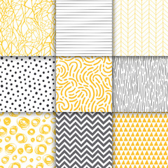 Wall Mural - abstract hand drawn geometric simple minimalistic seamless patterns set. polka dot, stripes, waves, 
