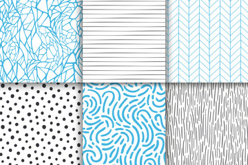 Wall Mural - abstract hand drawn geometric simple minimalistic seamless patterns set. polka dot, stripes, waves, 