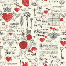 Vector Seamless Pattern On The Theme Of Declaration Of Love And Valentine Day In Retro Style. Abstract Background With Red Hearts, Roses, Keys, Keyholes, Cupids And Handwritten Inscriptions