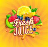 Fresh juice logo with splash, fruits and berries on sunburst background.Orange,lemon, strawberries,blueberries,raspberries and blackberries for banner,poster,brand,template and label,packaging,packing