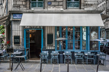 Blue Restaurant Front In Paris