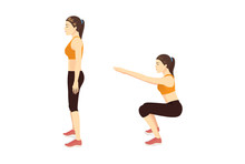 Exercise Guide By Woman Doing Air Squat In 2 Steps In Side View For Strengthens Entire Lower Body. Illustration About Workout.