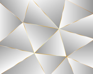 Abstract light geometric background from triangles. Luxury template design with gray gradient and golden line frame. Elegant texture.